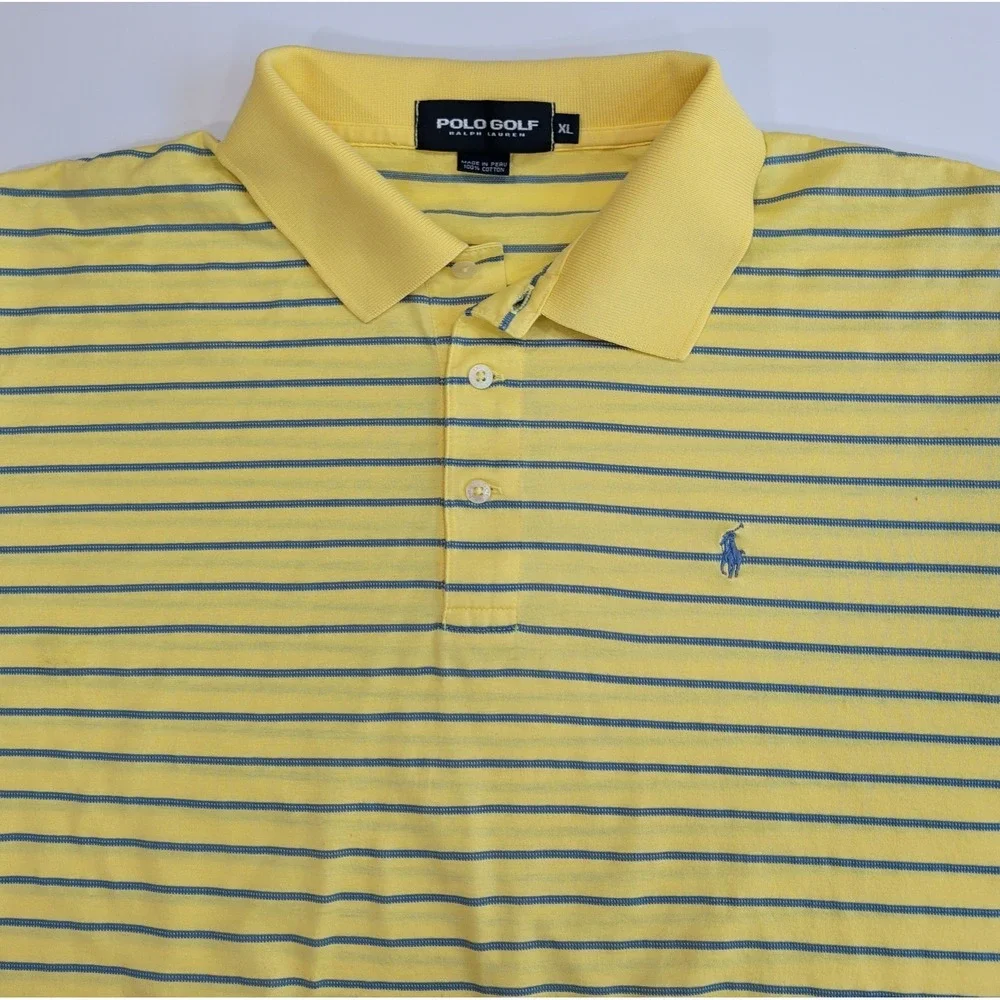 Ralph Lauren Polo Golf Shirt Men's XL Yellow Blue Striped Cotton Performance